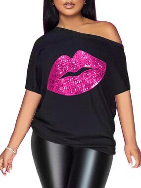 Sexy Off-Shoulder Metallic Top | Short Sleeve Fashion Blouse | Trendy Graphic
